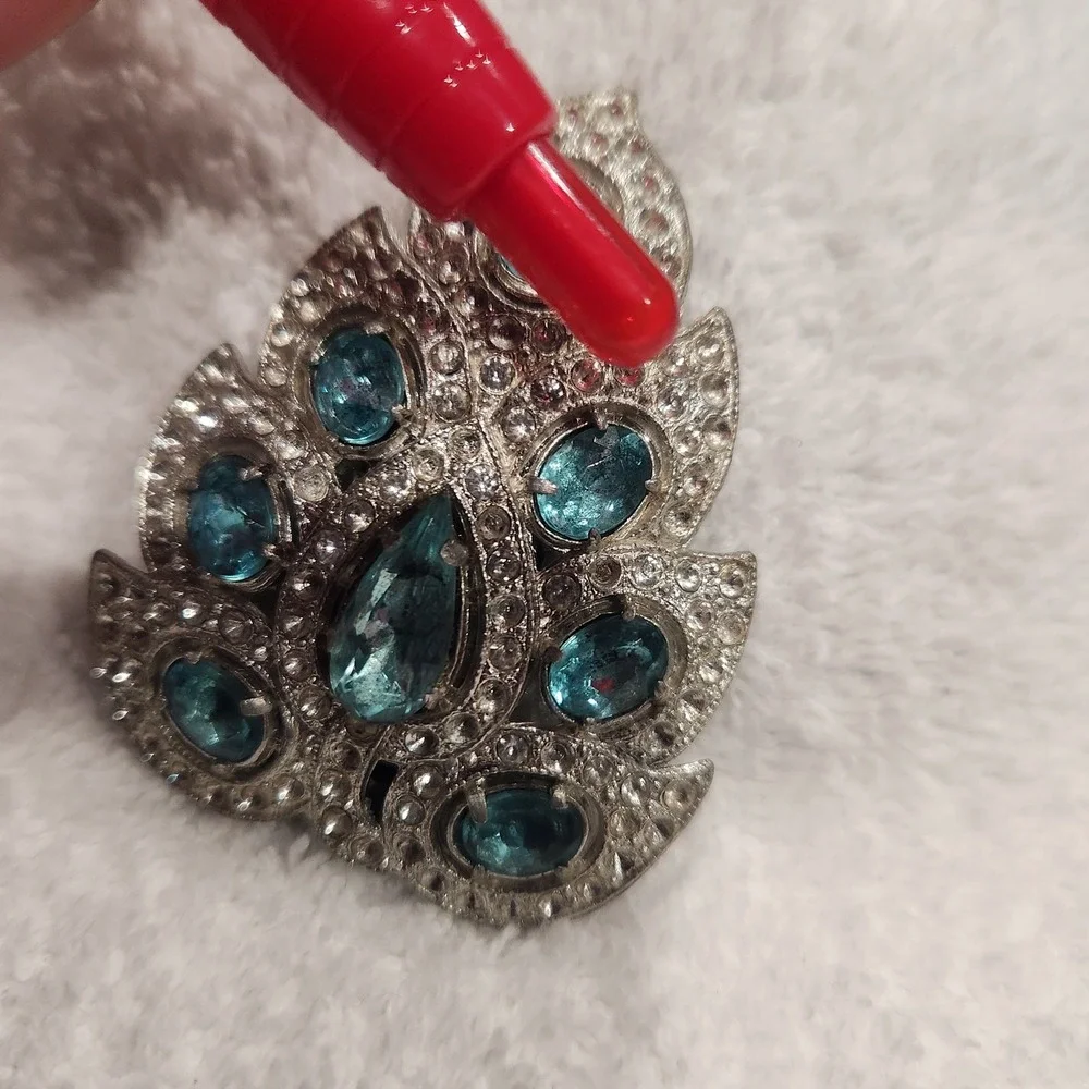 Vtg Silver‎ Tone Teal Blue Rhinestone Peacock Feather Dress Fur Clip pot metal